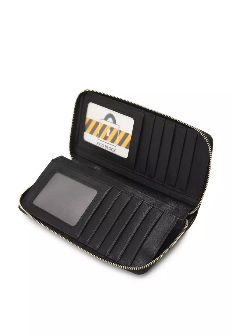 Genuine Leather Zipper Long Wallet - Black