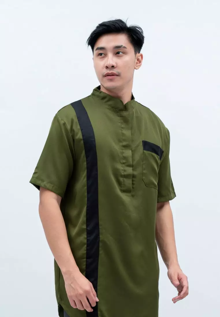 Baju Koko Kurta Pakistan Lengan Pendek Muslim Gamis Pria Houseofcuff H - HIJAU ARMY