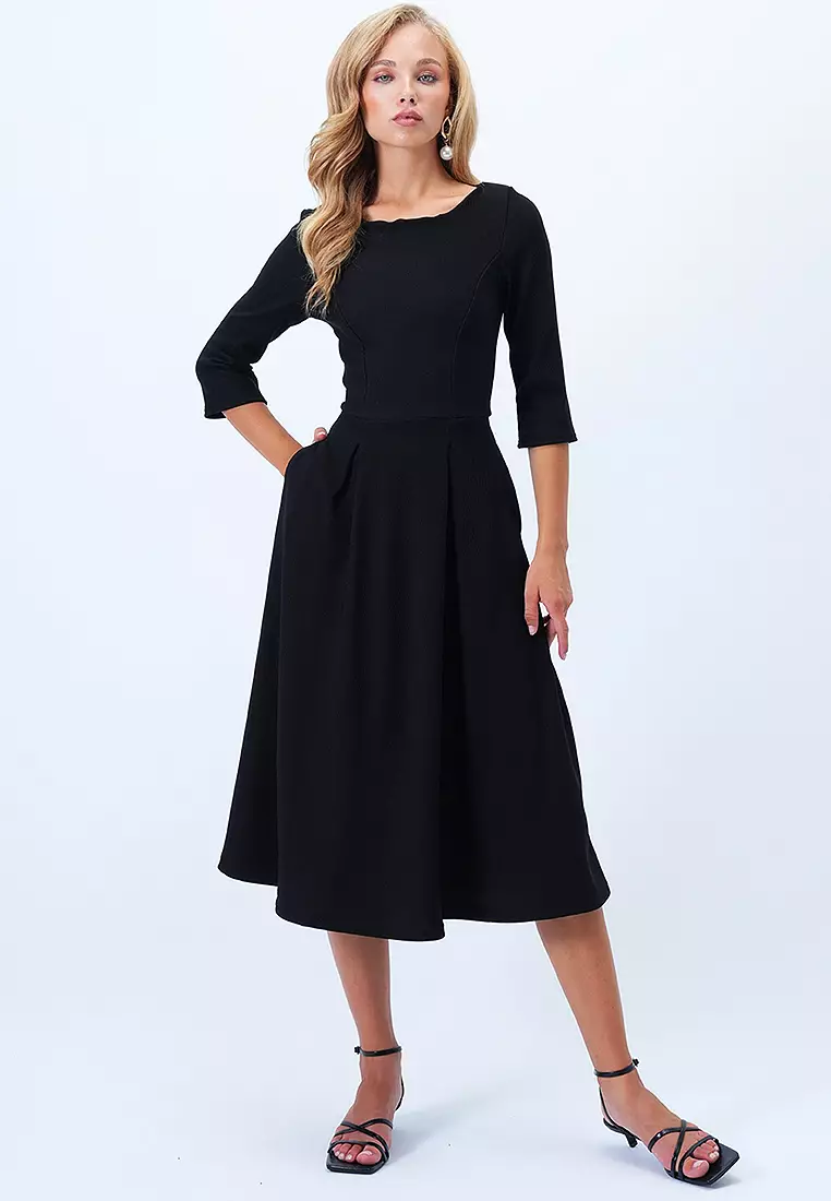 Boat Neck Flared Midi Dress