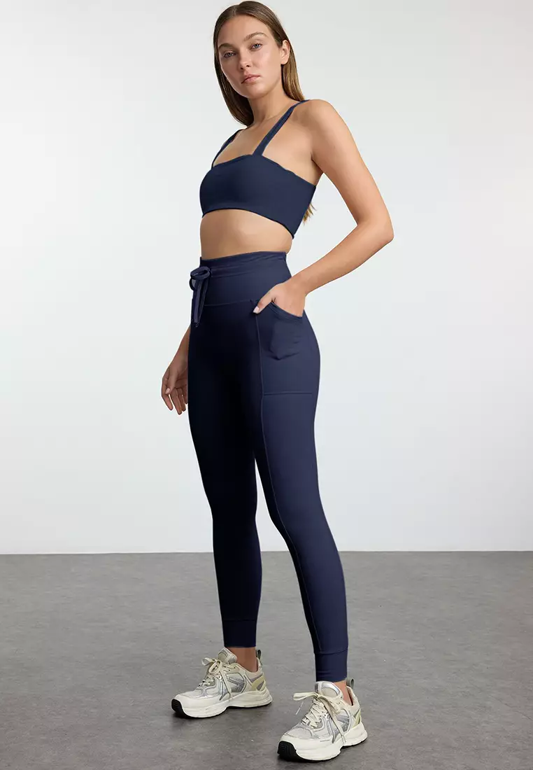 Navy Blue Brushed Soft Fabric Pocket And Tie Detail Full Length Knitted Sports Tights Thmaw25Ty00014