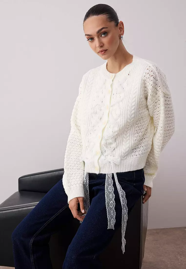 Ecru Crop Wide Pattern Hair Knit Lace Garnish Detailed Soft Textured Knitwear Cardigan