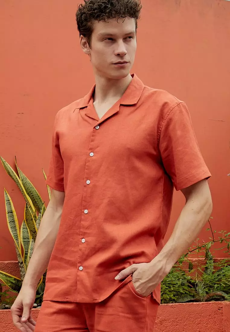 Ruby Setelan Kemeja Celana Linen Set Pria Terracotta | Linen Set Men Terracotta