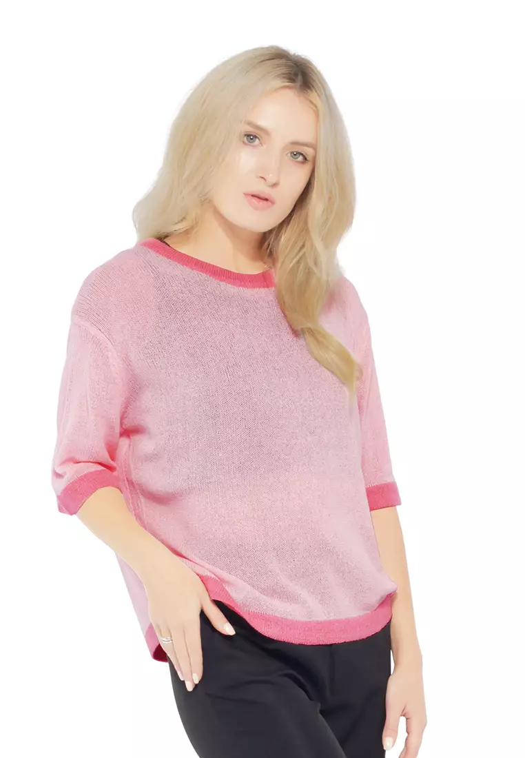 Pink Contrast Neck and Sleeve Rib T-Shirt