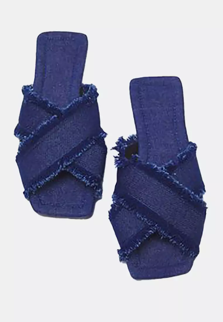 Navy Blue Tassel Detailed Denim Cross Banded Women's Slippers Takss25Te00043