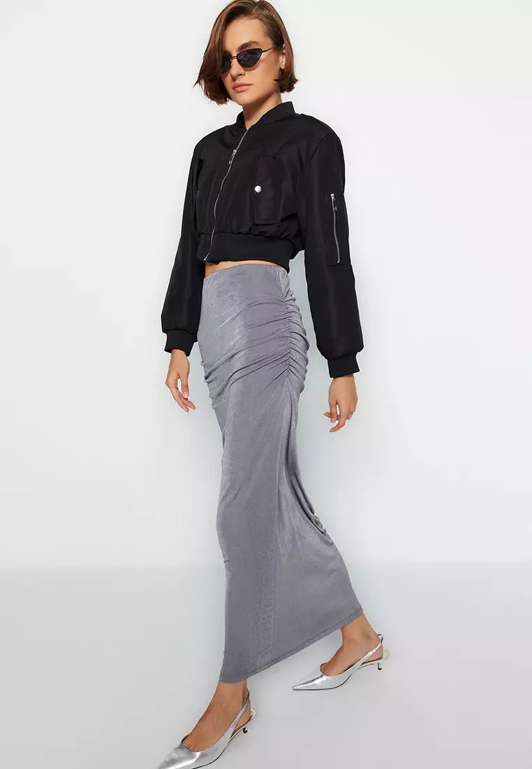 Glossy Finish and Soft Textured Drape Maxi Knitted Skirt