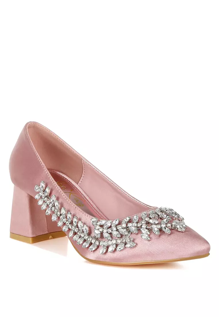 Satin Diamante Embellished Pumps in Blush