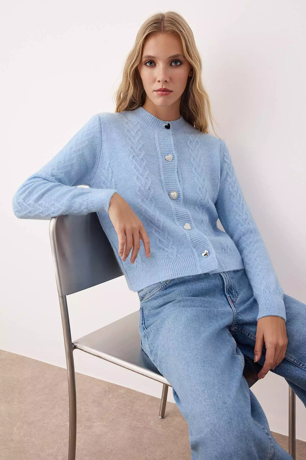 Light Blue Hair Knit Button Detailed Soft Textured Knitwear Cardigan Twoaw26Hi00040