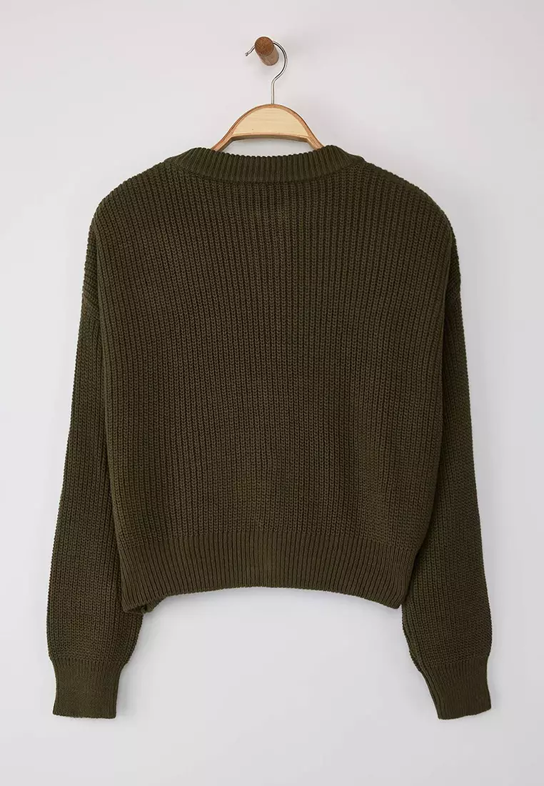 Khaki Wide Fit Bomber Collar Zippered Knitwear Cardigan