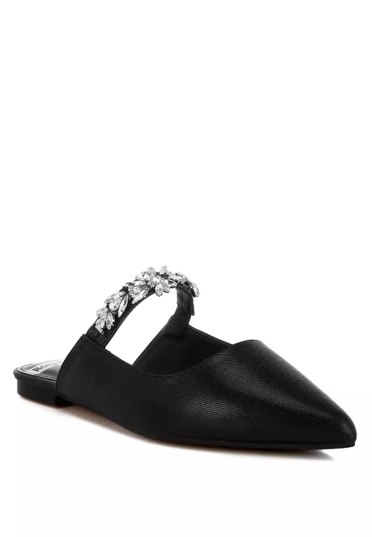Diamante Strap Glitter Mules in Black