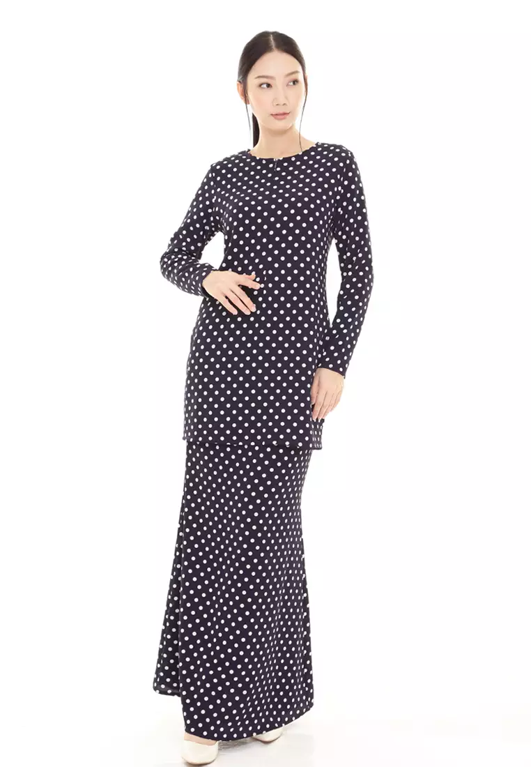 Rina Printed Kurung Modern in Dark Blue Polka Dot