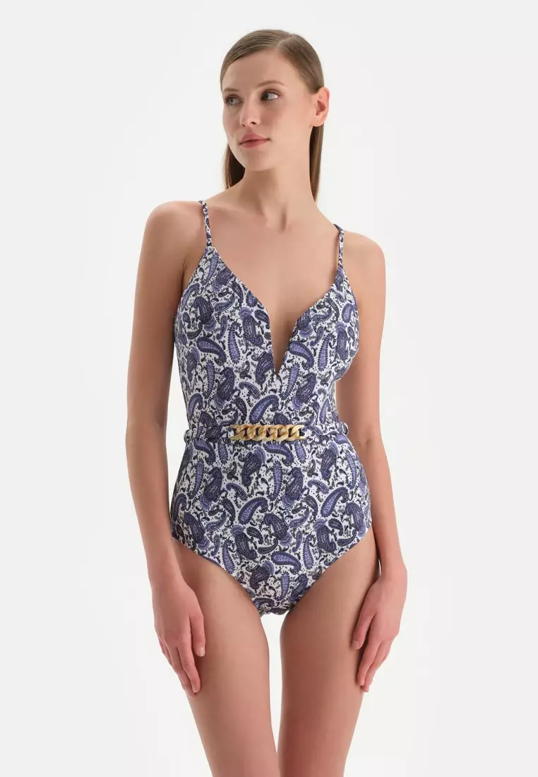 Ecru-Purple Swimsuit, Paisley Patterned, Triangle Wide, Cupless, Swimwear for Women
