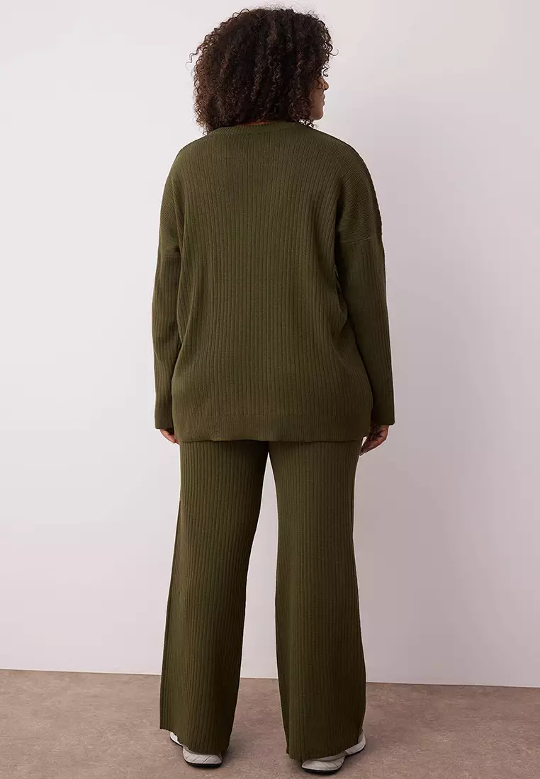 Khaki Corduroy Crew Neck Knitwear Sweater Pants Set Tbbaw23Cp00044