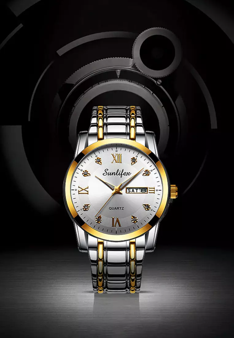 Jam Tangan Pria 9010 Kalender Kuarsa Tali Stainless Steel Bisnis Santai Jam Tangan Cowok gold white
