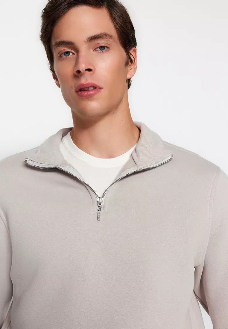 Grey Regular/Normal Cut Stand Collar Zippered Cotton Basic Inside Polar Fleece Sweatshirt TMNAW24SW00041