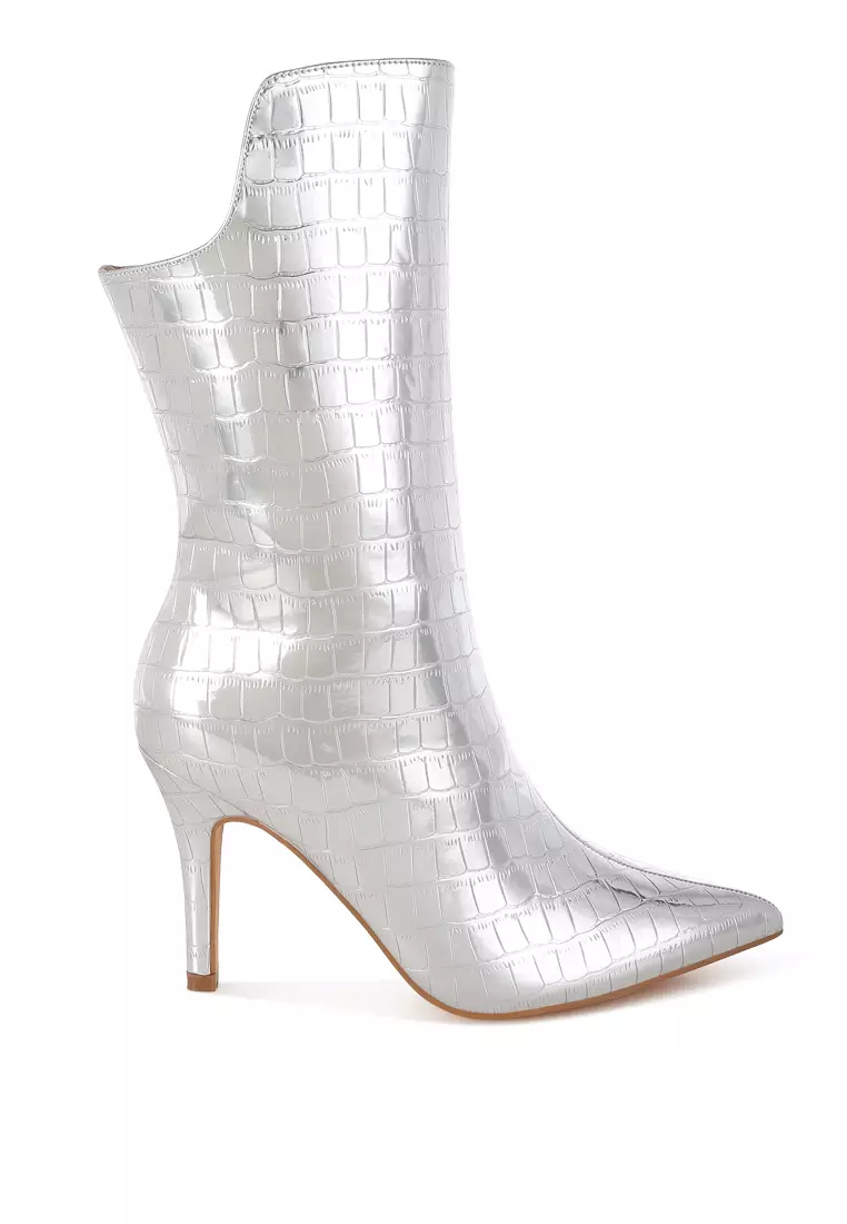Discount on London Rag  shoes - SKU: Croco Stiletto Heel Mid-Calf Boots In Silver
