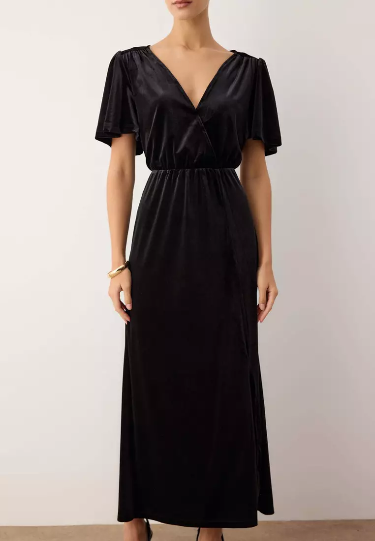 Black Velvet Double Breasted V-Neck Handkerchief Sleeve Plain Midi Knitted Dress Twoaw26El49