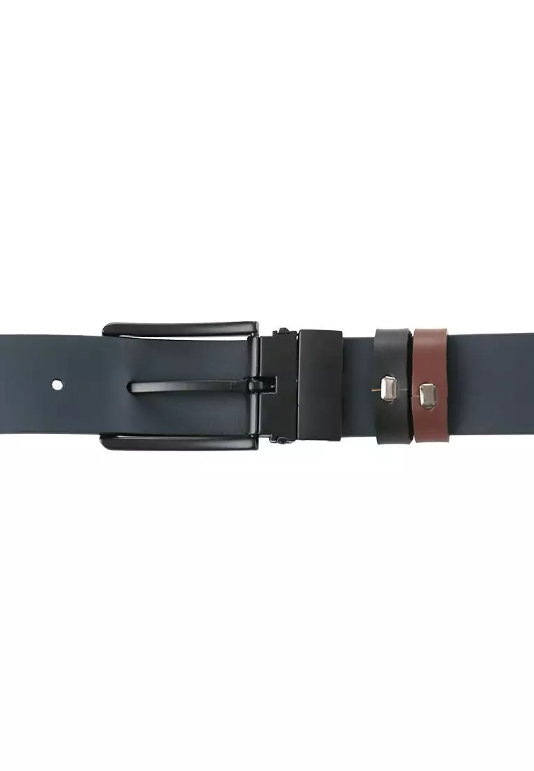 Black Formal Square Pin Buckle Reversible Top Grain Leather Belt