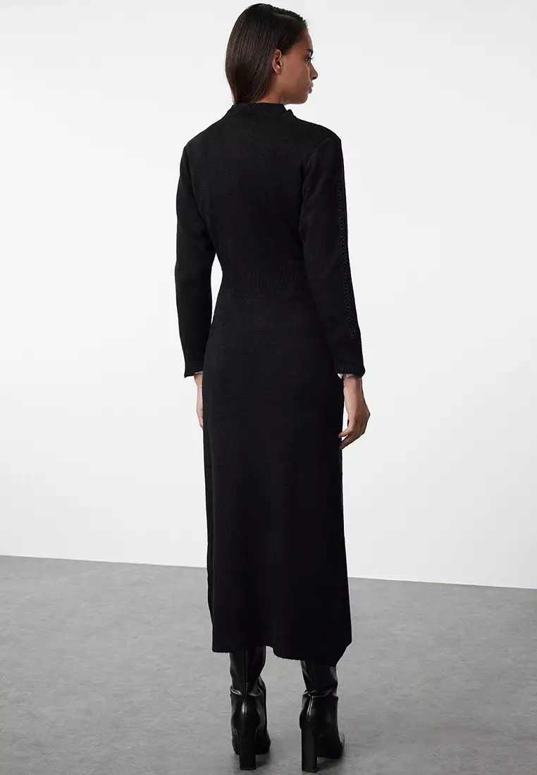 Black Lace Detailed Soft Textured Knitwear Dress Tctaw25Eb00015