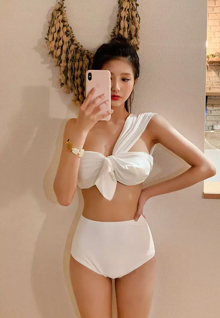 Slant Shoulder Split High Waist Two Piece Swimsuit CA071701RD