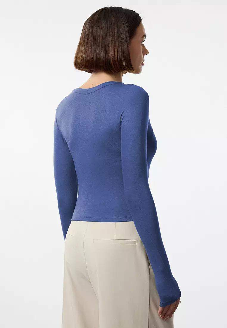 Indigo Crew Neck Crop Flexible Knitted Blouse