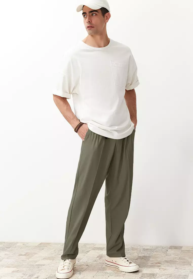 Khaki Pleated Classic Baggy Fit Fabric Trousers TMNSS24PL00024