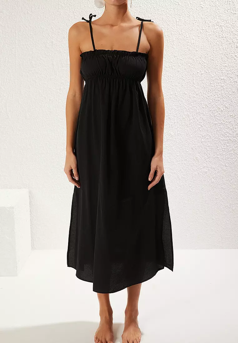 Woven Gathered Detail Poplin Beach Midi Dress