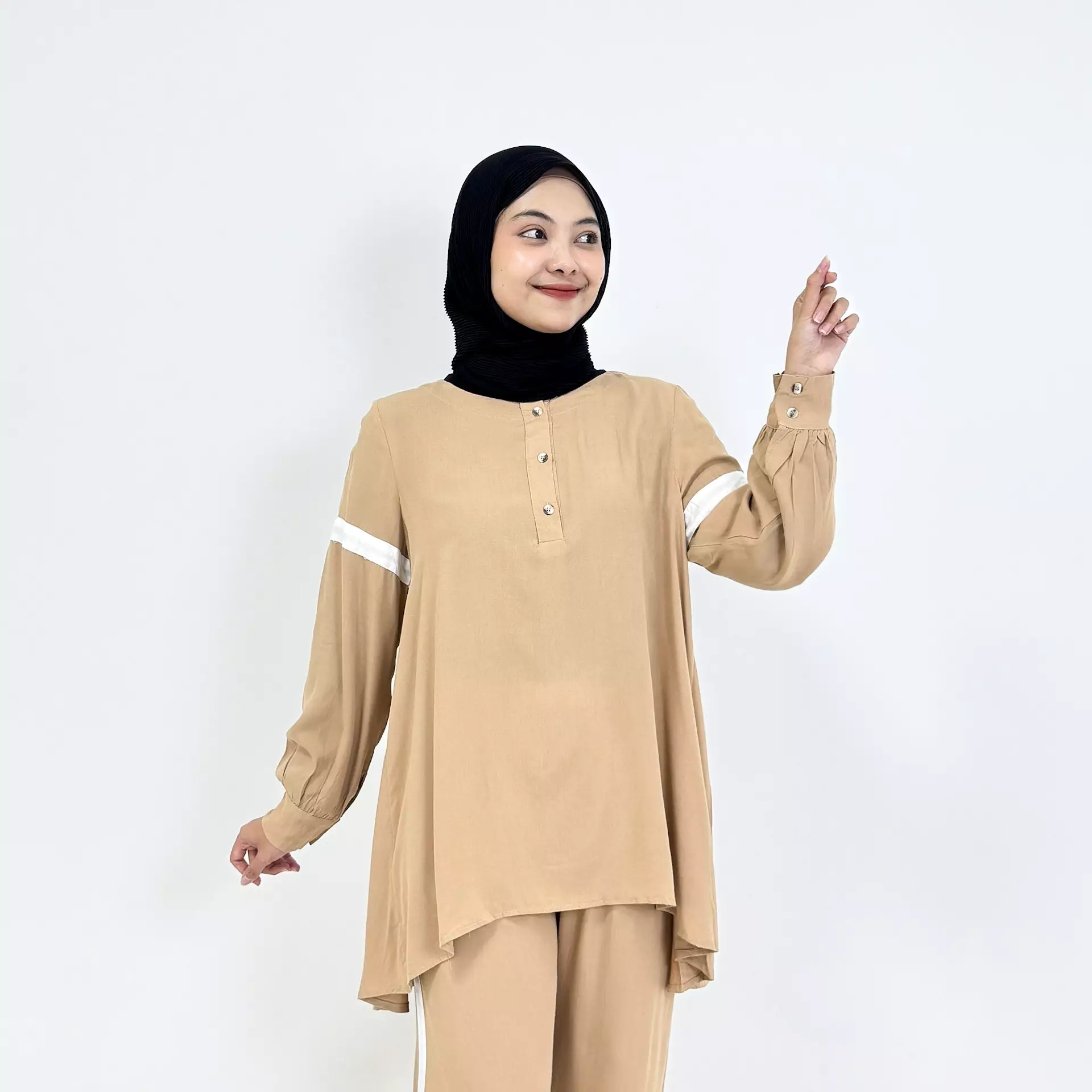 Piyama Cotton Ica [COKLAT MUDA] SIZE L-XL Baju Tidur Long Sleeve Long Pants Sleepwear