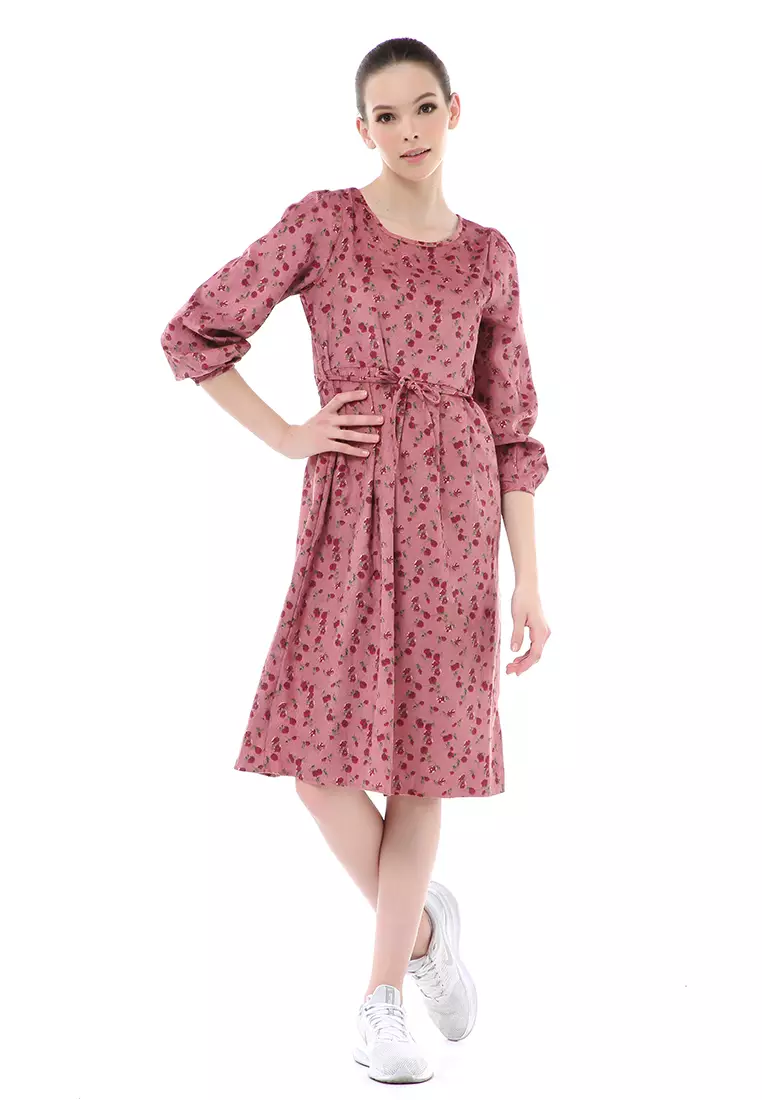 Rachel Dress Wanita Motif Bunga Elegant Design Long Sleeve Material Flanel ORIGINAL - Red