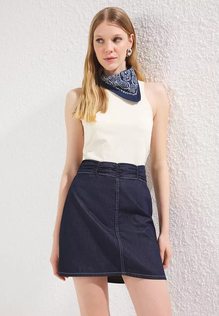 Dark Blue Pleated High Waist Mini Denim Skirt