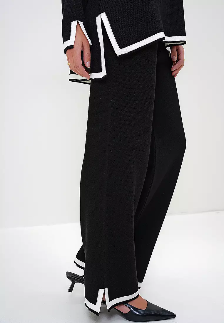 Contrast Trims Knitted Blouse and Pants Set