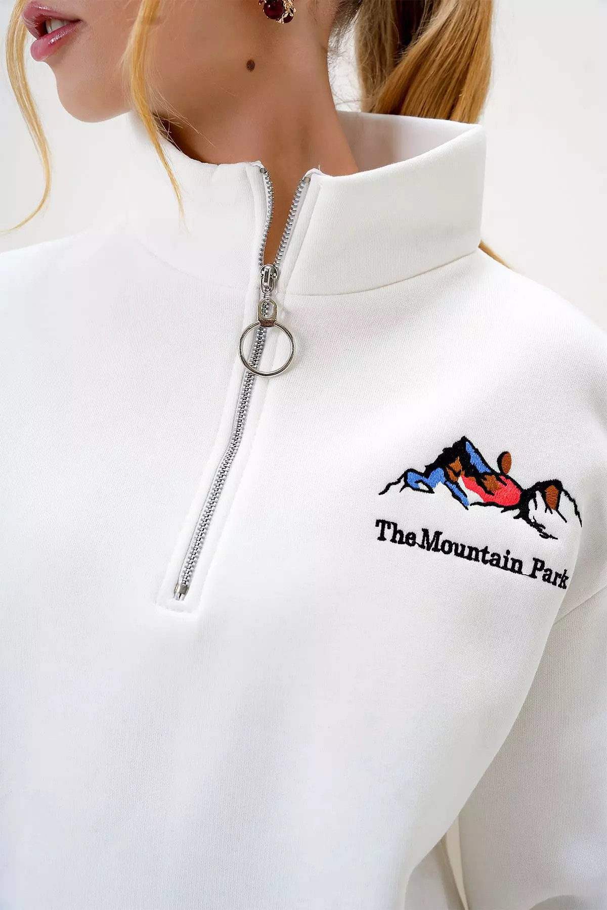 Women's Ecru Half Turtleneck Zippered Front Embroidered Inside Out Sweatshirt