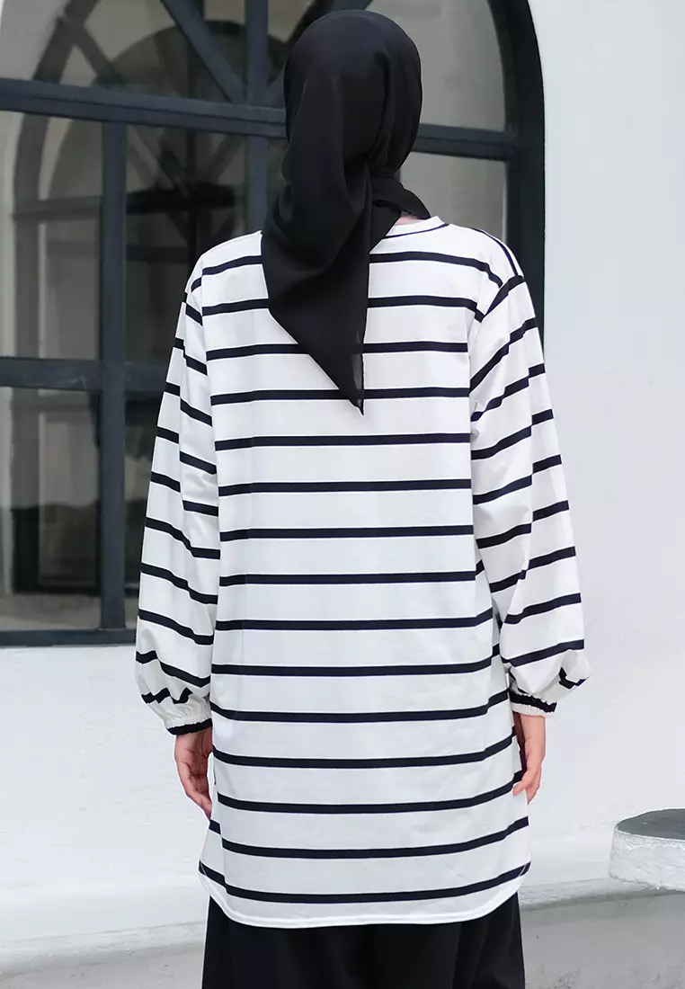 JV Hasanah Baju Kurung Oval Big Stripe White | Atasan Baju Kurung Oval Salur Besar Kaos Adem