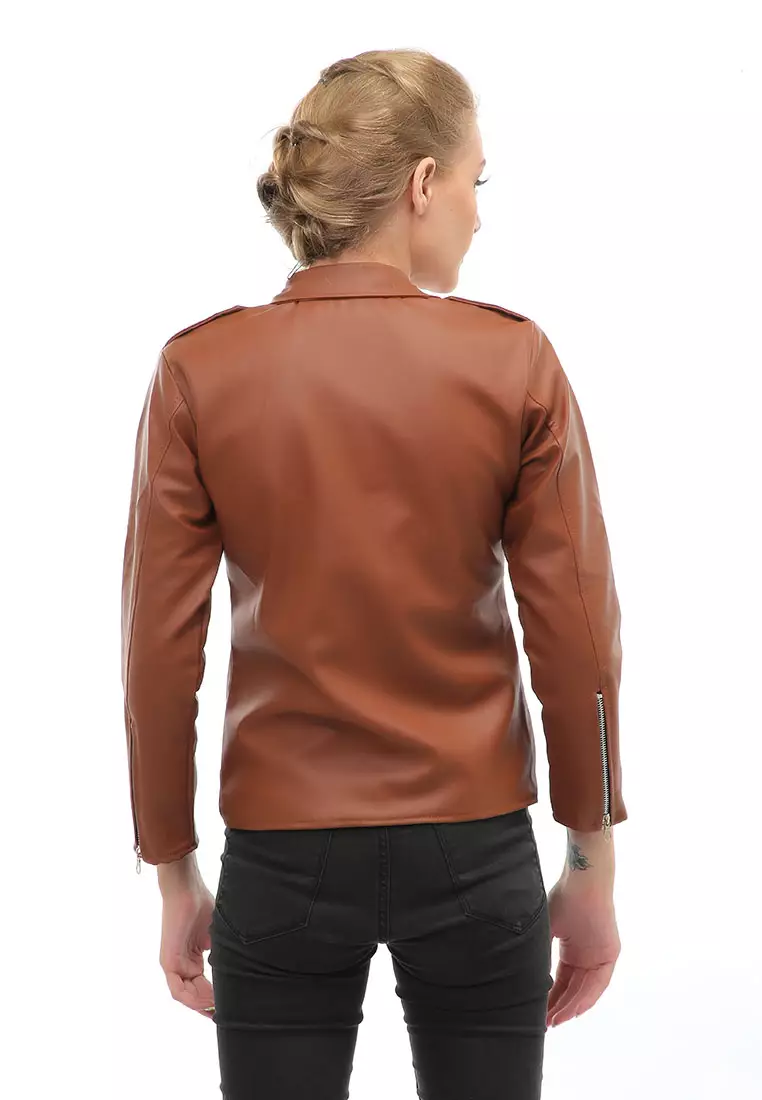 Glenice Jaket Kulit Casual Wanita Windproof Stylish Design Material Leather ORIGINAL - Brown