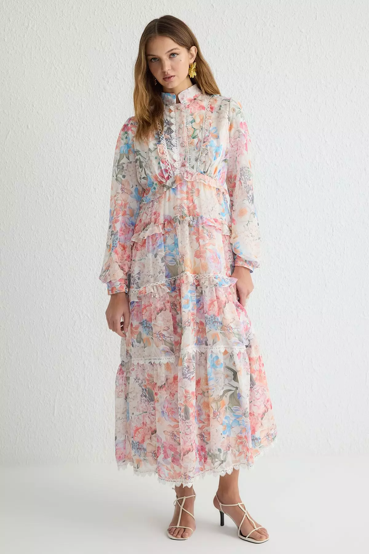 Multicolored Floral Patterned Lined Chiffon Woven Dress TCTSS25EB00050