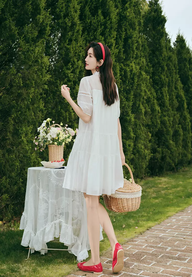Ruffled Collar Embroidery Tiered Dress