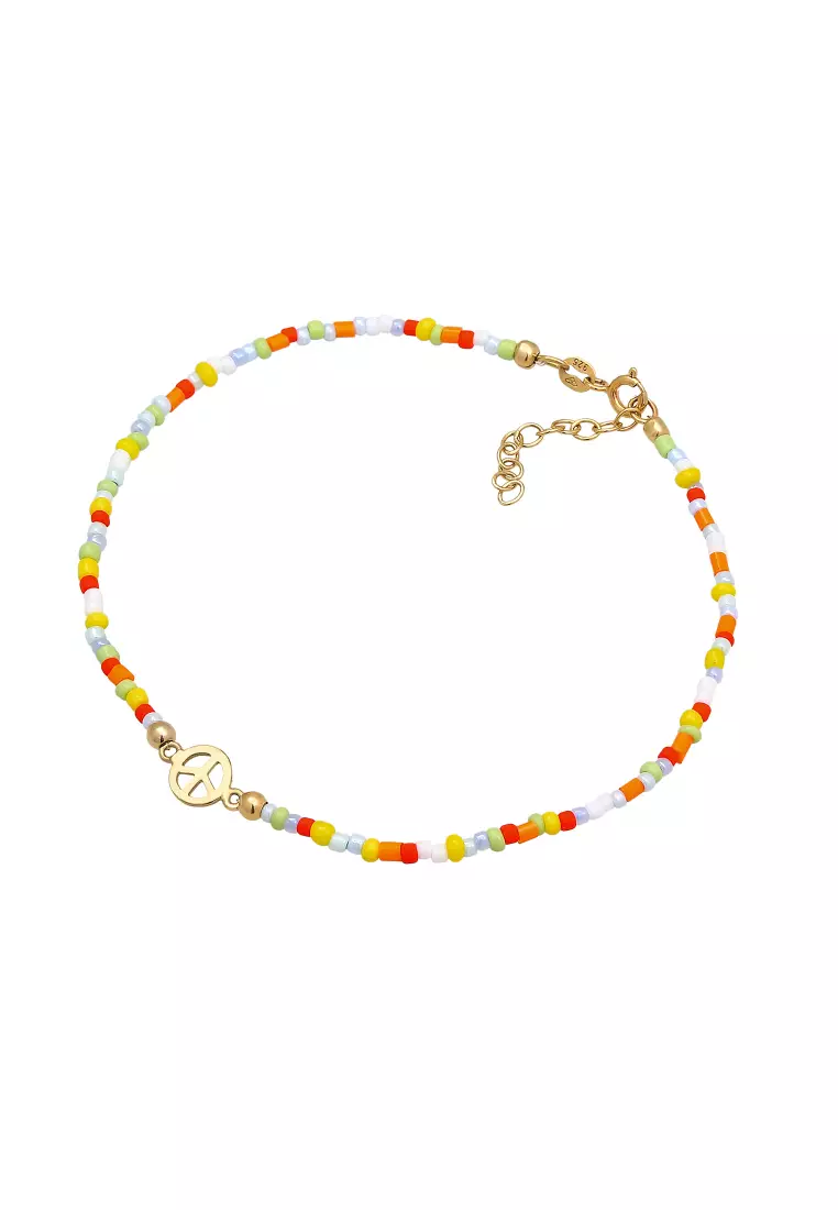 Anklet Peace Symbol Glass Beads Colourful Gold Plated