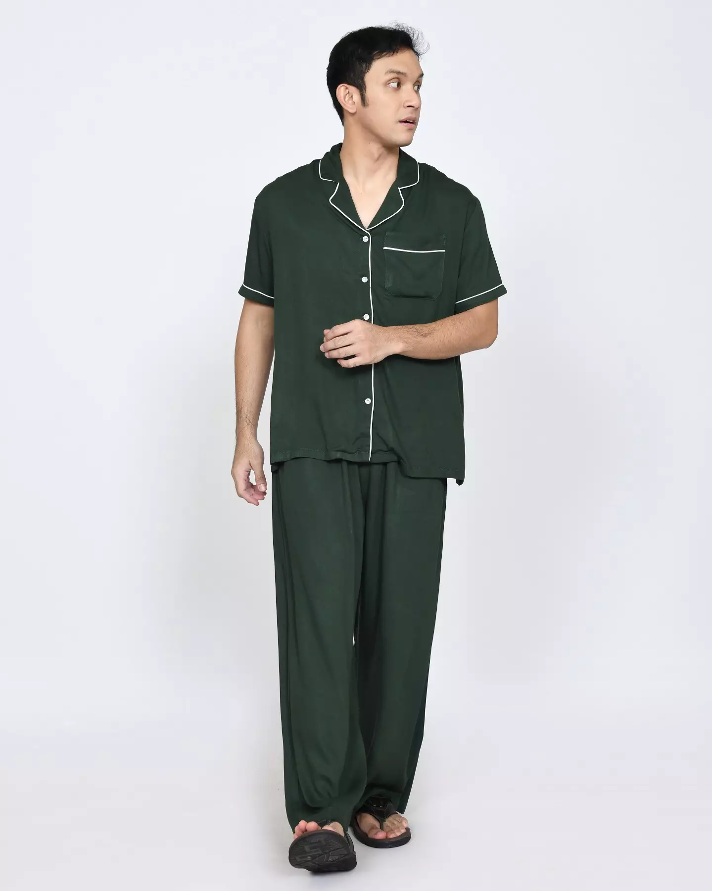 Setelan Baju Tidur Pendek Piyama Pria Plain [HIJAU] One Set Sleepwear Pajamas Material Katun ORIGINAL