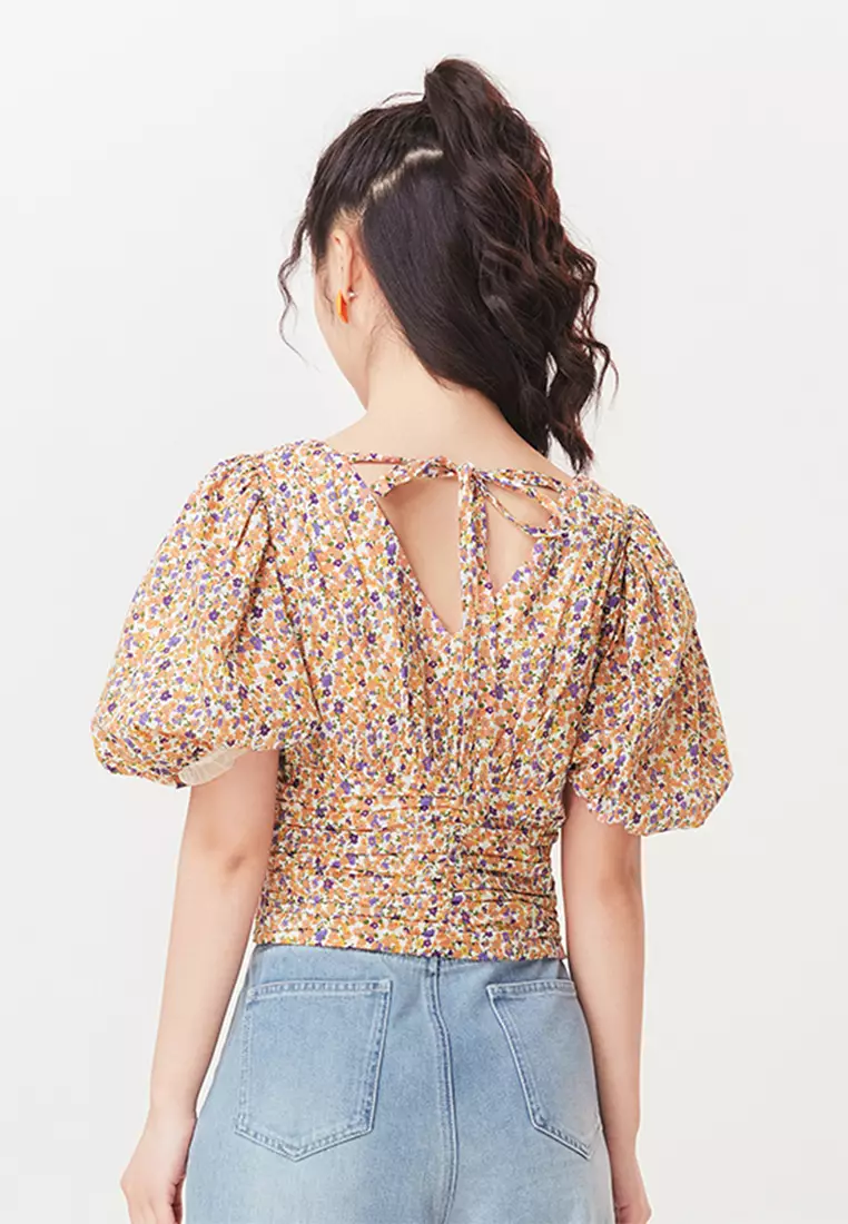 V-Neck Puff Sleeve Floral Blouse