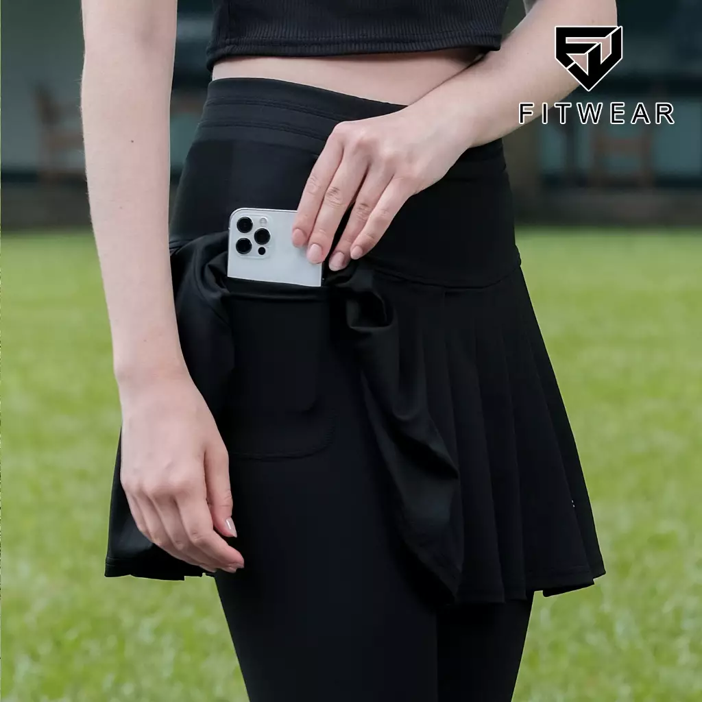 Fitwear Rok + Legging Olahraga Dryfit Wanita SAKURA POCKET FULL WAVE - BLACK