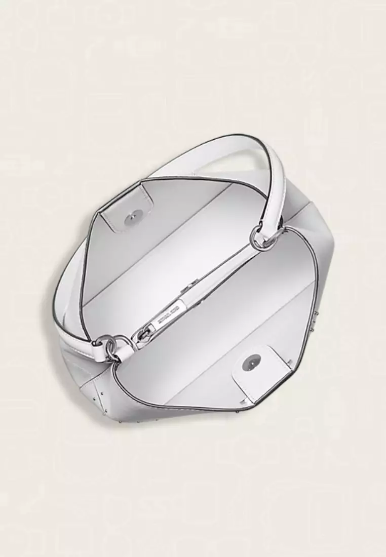 Michael Kors Pratt Medium Studded Patchwork and Signature Logo Shoulder Bag Silver