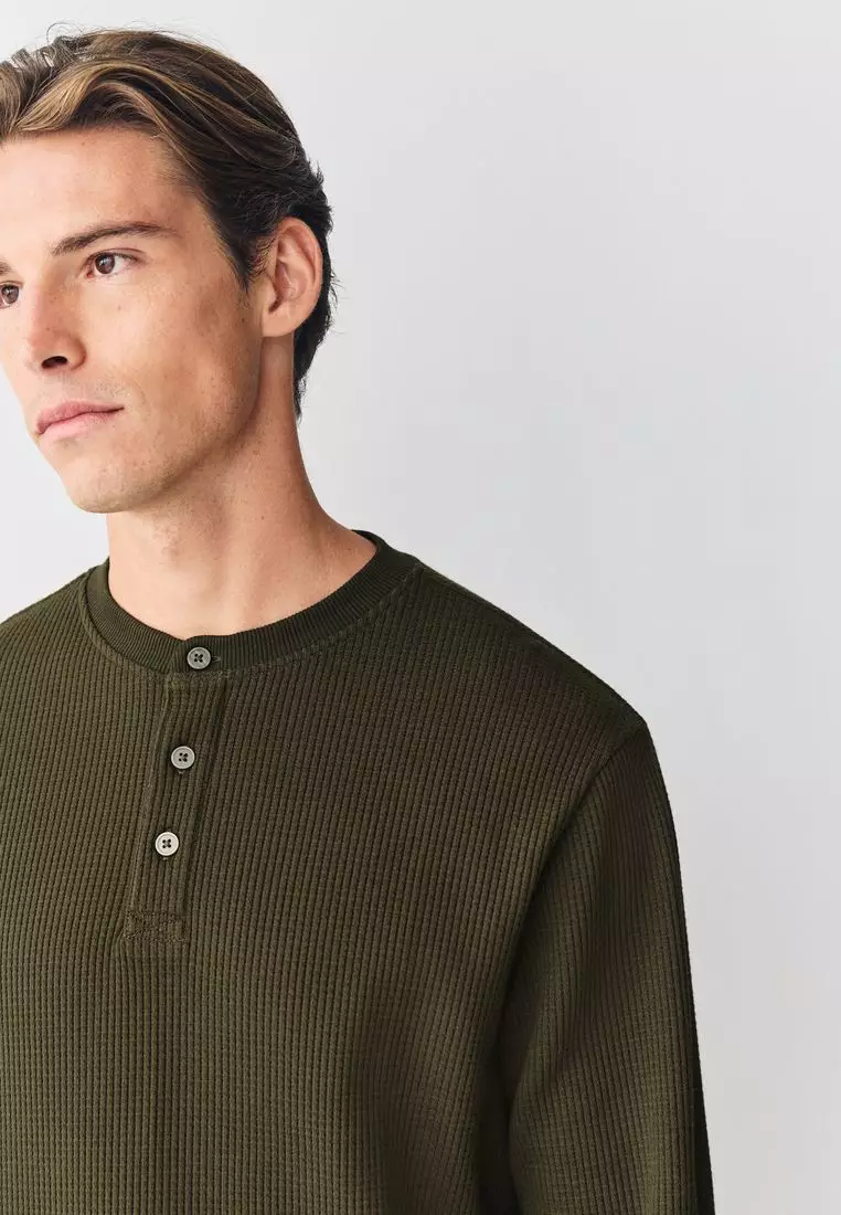 Long Sleeve Grandad Collar 100% Cotton T-Shirt