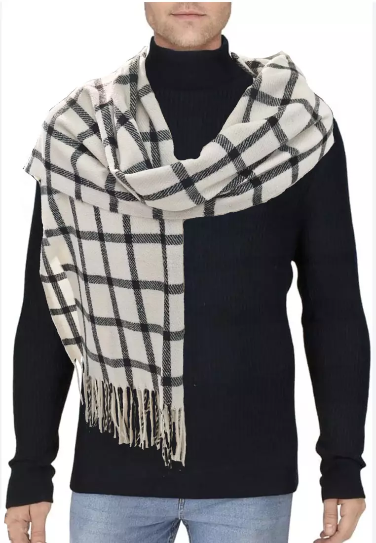 Aksesoris Pria Checked Plaid Cashmere Men's Shawl Syal Pria Milky White & Black
