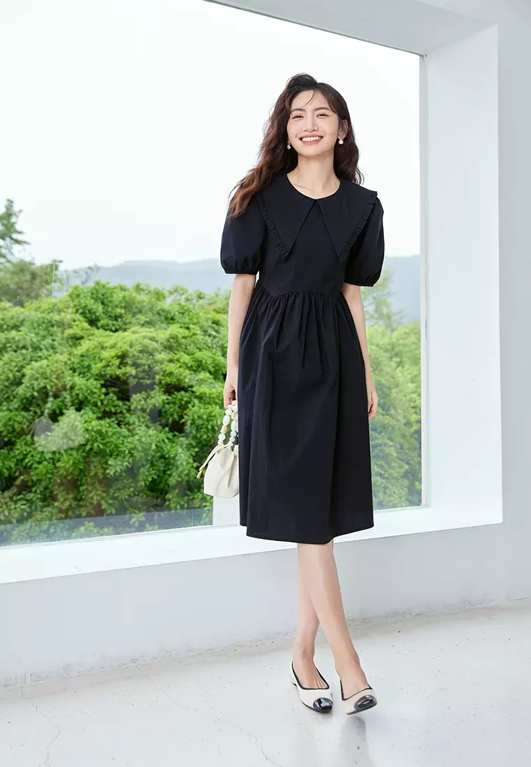 Victorian Ruffle Collar Puff Sleeve Black Dress