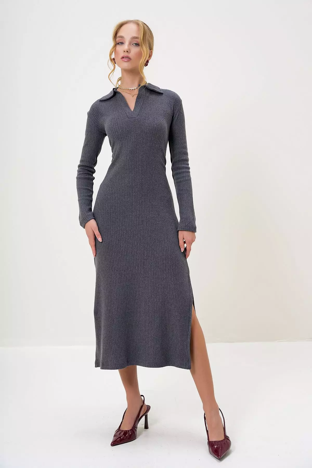 Women's Anthracite Polo Collar Half Placket Side Slit Interlock Fabric Dress