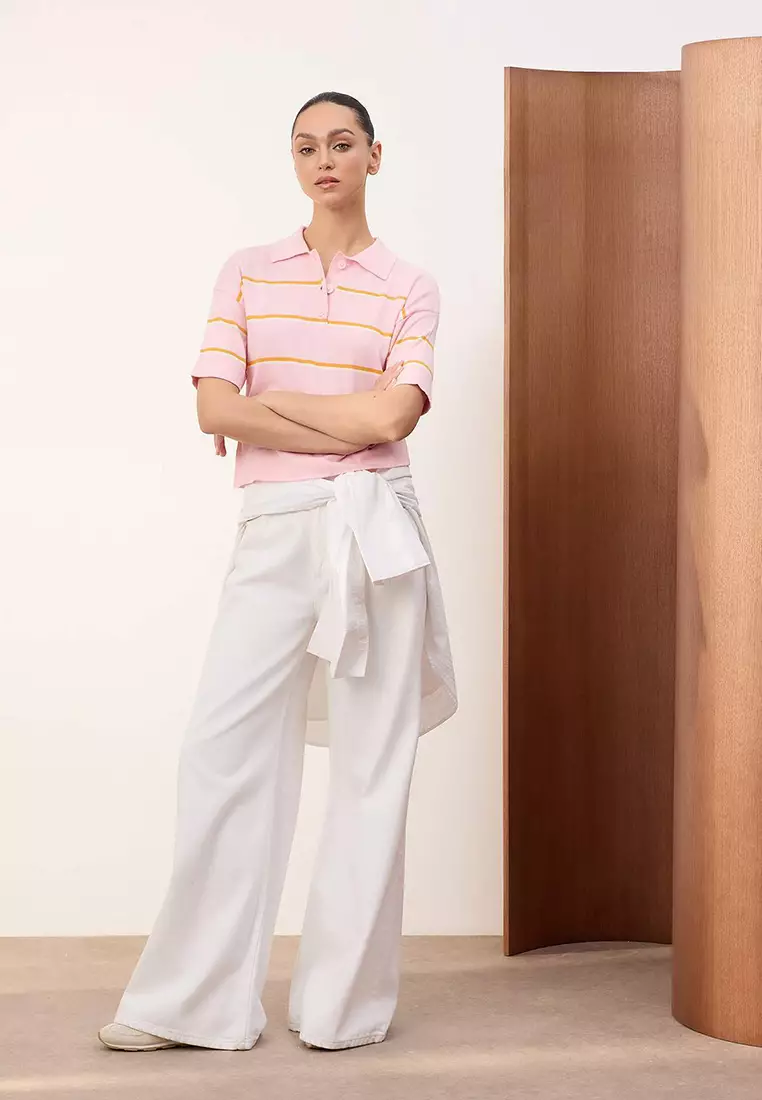 Pink Wardrobe Essentials Summer Yarn Ç Striped Polo Neck Knitwear Blouse Twoss26Bz127