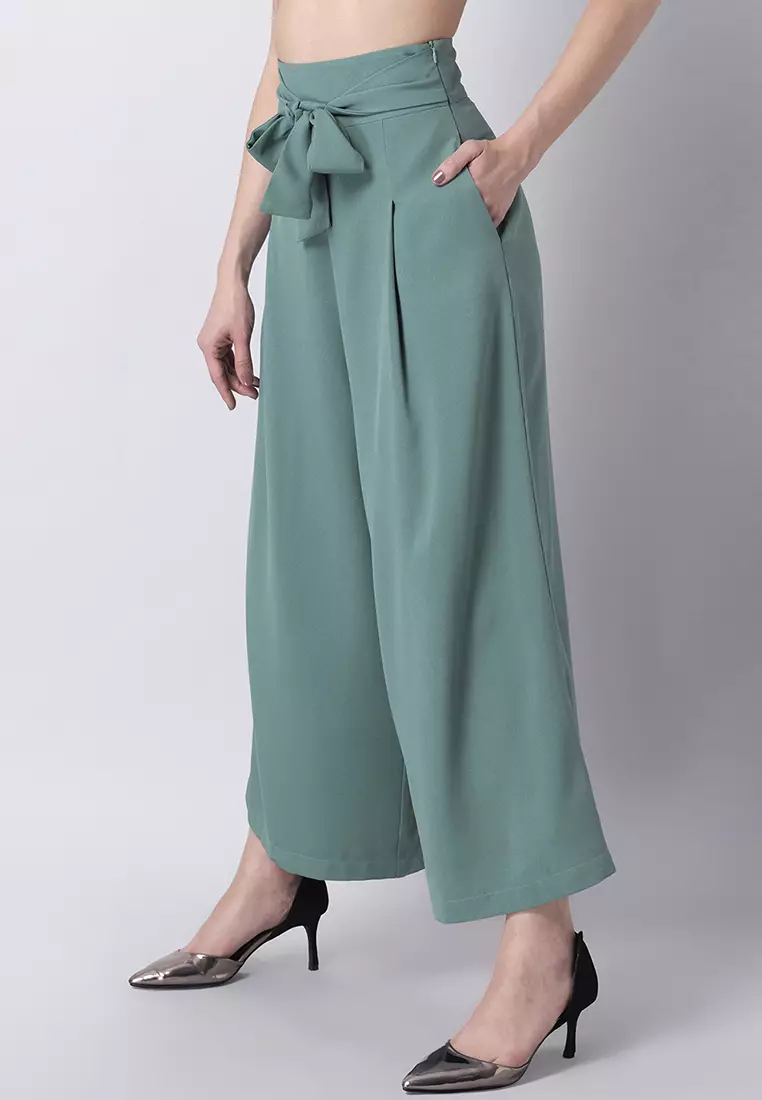 Green Belted High Waist Flared Trousers