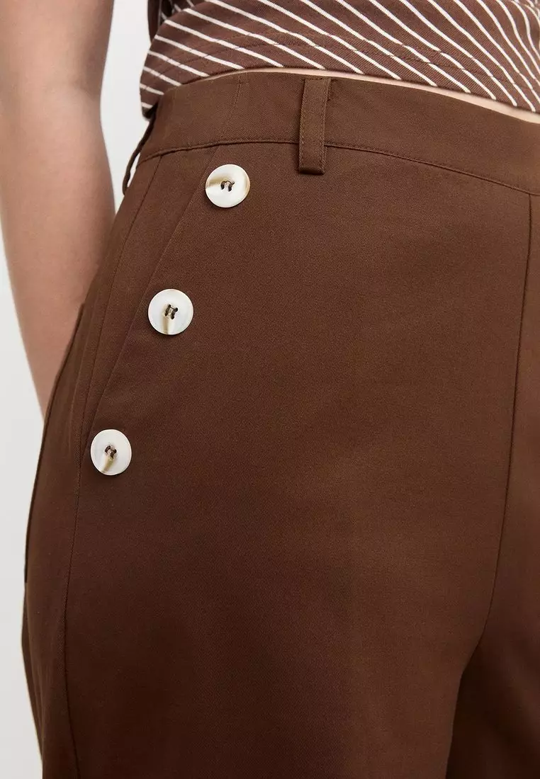 Wide Leg Cotton Twill Pants with Side Button Graphic Pockets - Brown
