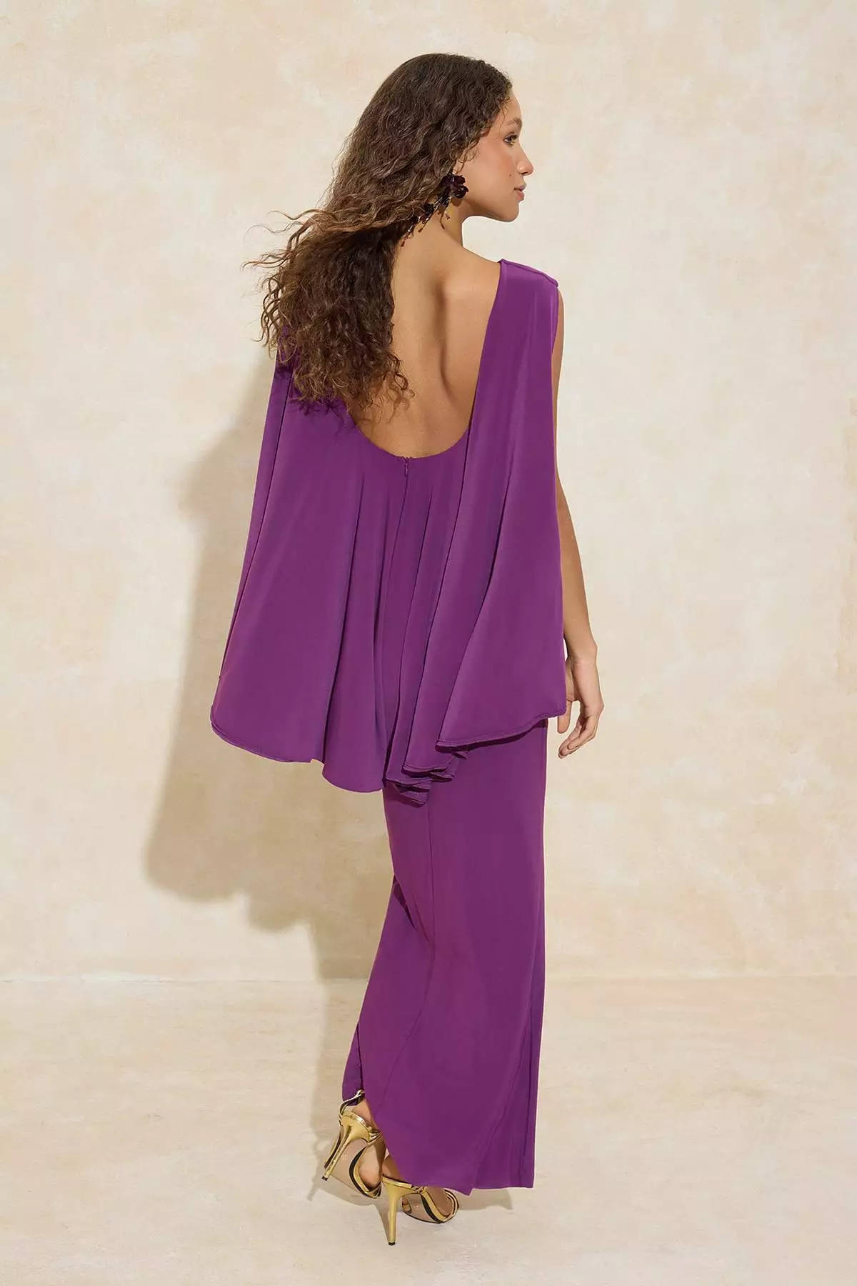 Purple Plain Cape Detail Open Back Maxi Evening Dress & Graduation Dress Tprss26Ae23