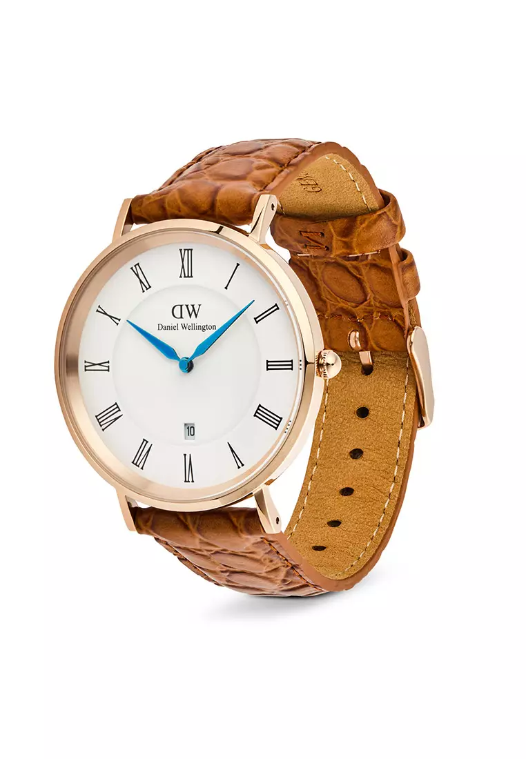 Classic 40mm Roman Numerals Date Light Brown Croc Belly Rose Gold - Men Watch stainless steel Leather strap watch DW Official Authentic Original 男士手錶 不銹鋼 真皮 手錶 DW 官方 正品