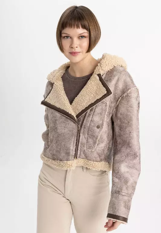 Regular Fit Hooded Faux Fur Inside Crop Faux Leather Jacket